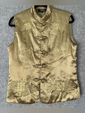 90s Vintage Miju Gold silk vest with floral embroidery size M/L